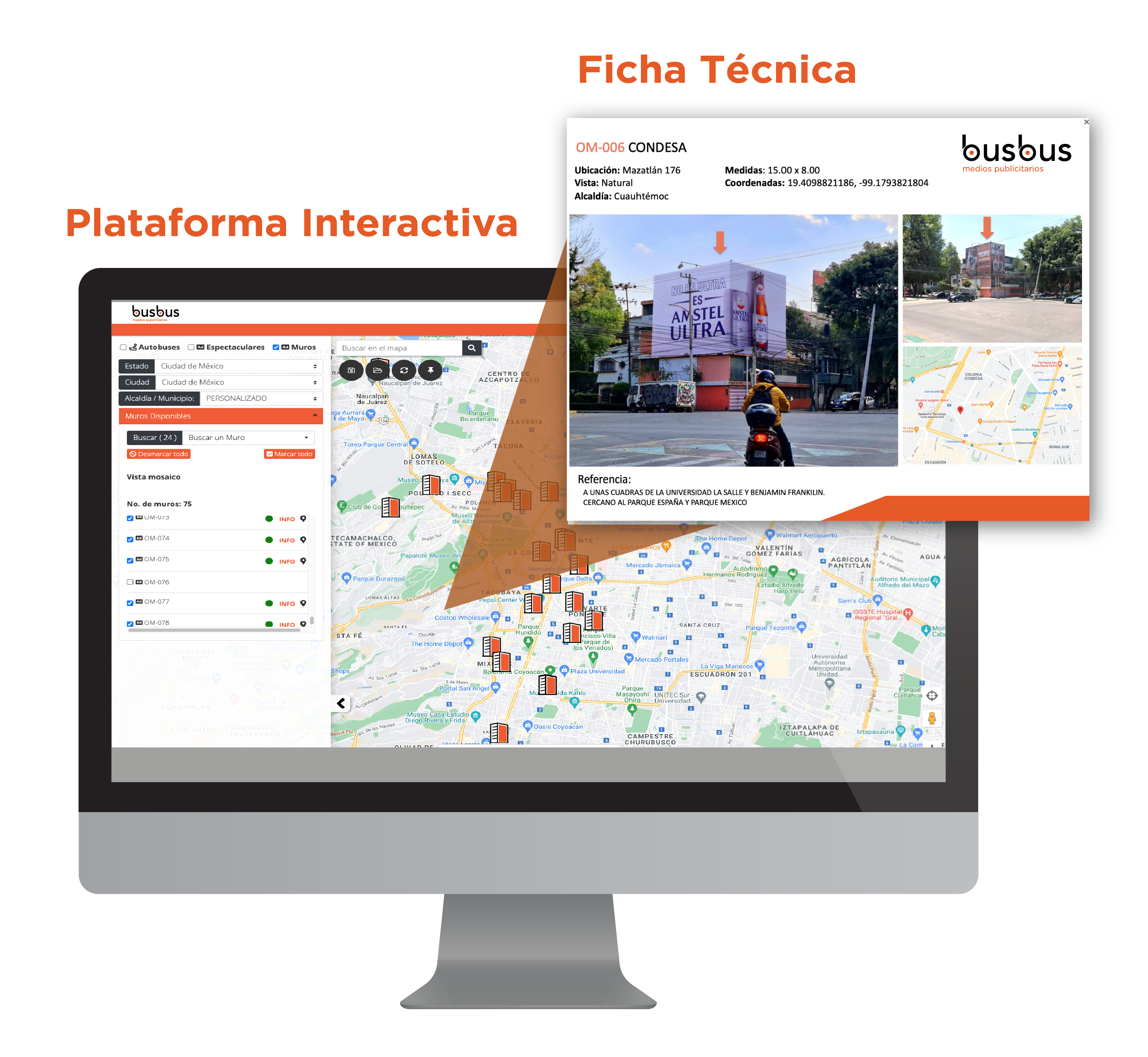 Plataforma Interactiva BusBus con ficha técnica y mapa de ubicaciones de muros publicitarios